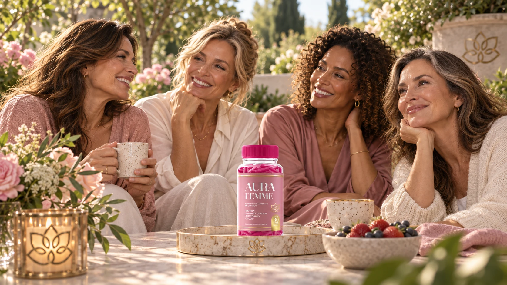 Quatro mulheres conversando e sorrindo ao redor de uma mesa com um frasco de Aura Femme